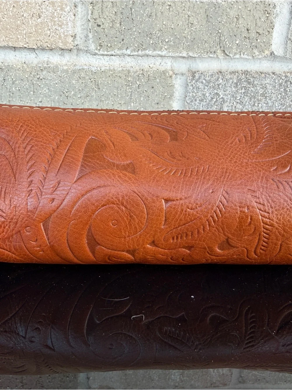 Patricia Nash Tooled Leather Pencil Case Cosmetic Bag Wristlet Cognac Brown